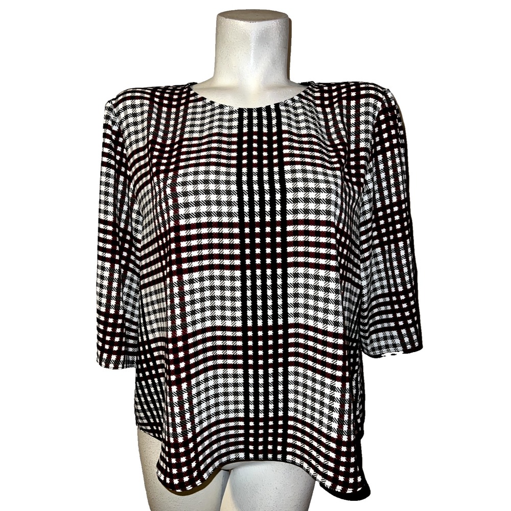 Veronika Maine Plaid Slit Sleeve‎ Blouse Womens AU 16 US 12 Black White Burgundy